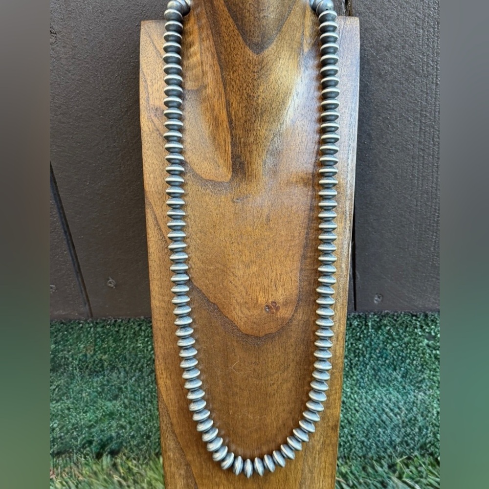 Southwestern Sterling Silver 14mm Flat Saucer Pearls Bead Necklace 34 Inch